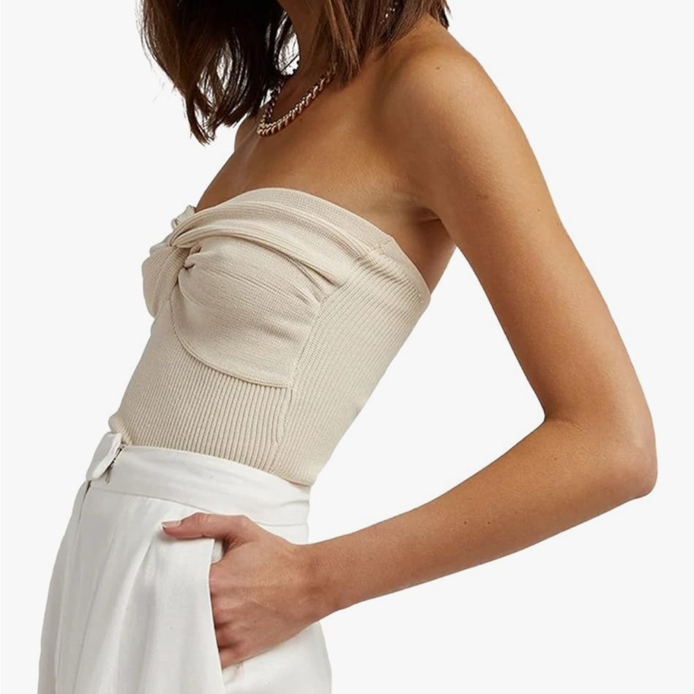 Womens Strapless Crop Top Sweetheart Neck Ribbed Knit Twisted Knot Front